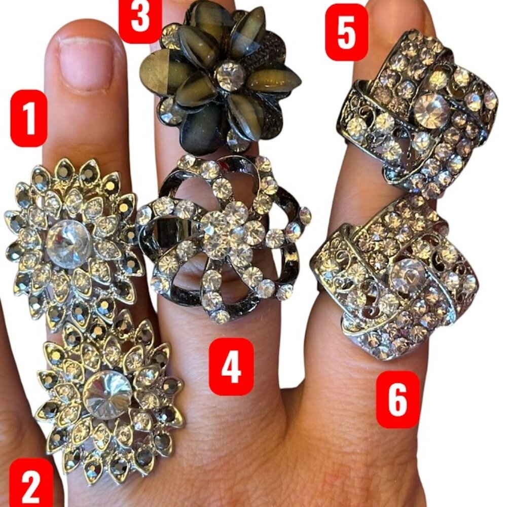 Vintage Rhinestone Costume Jewelry Rings - Adjustable Band